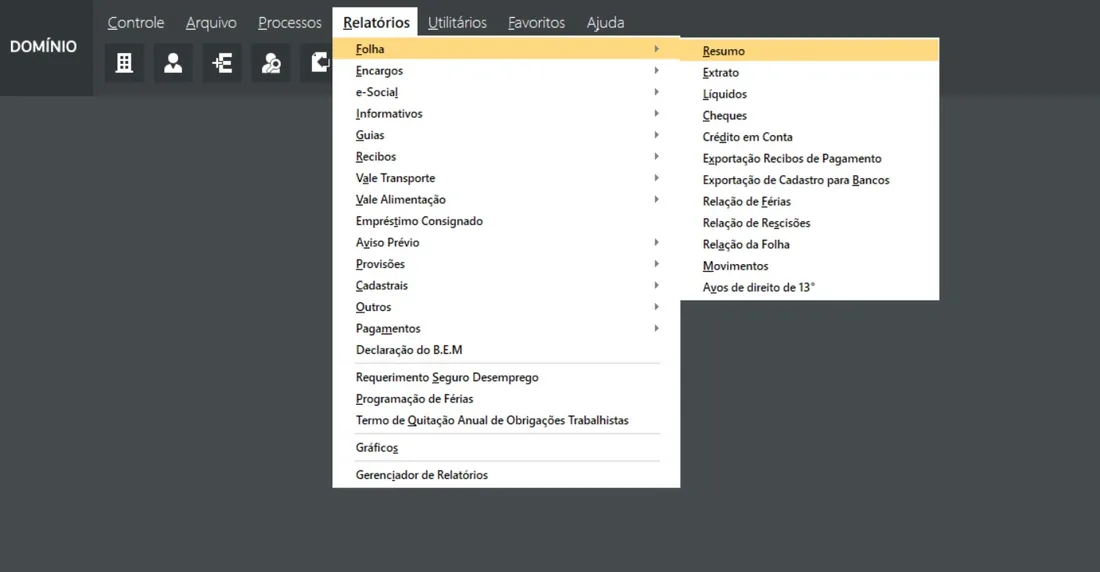 Menu Relatórios do módulo Folha do Domínio, com o submenu Folha aberto e o item Resumo destacado.