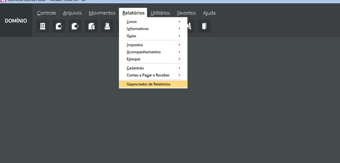 Menu Relatórios do Domínio Escrita Fiscal com o item Gerenciador de Relatórios destacado no rodapé do menu.