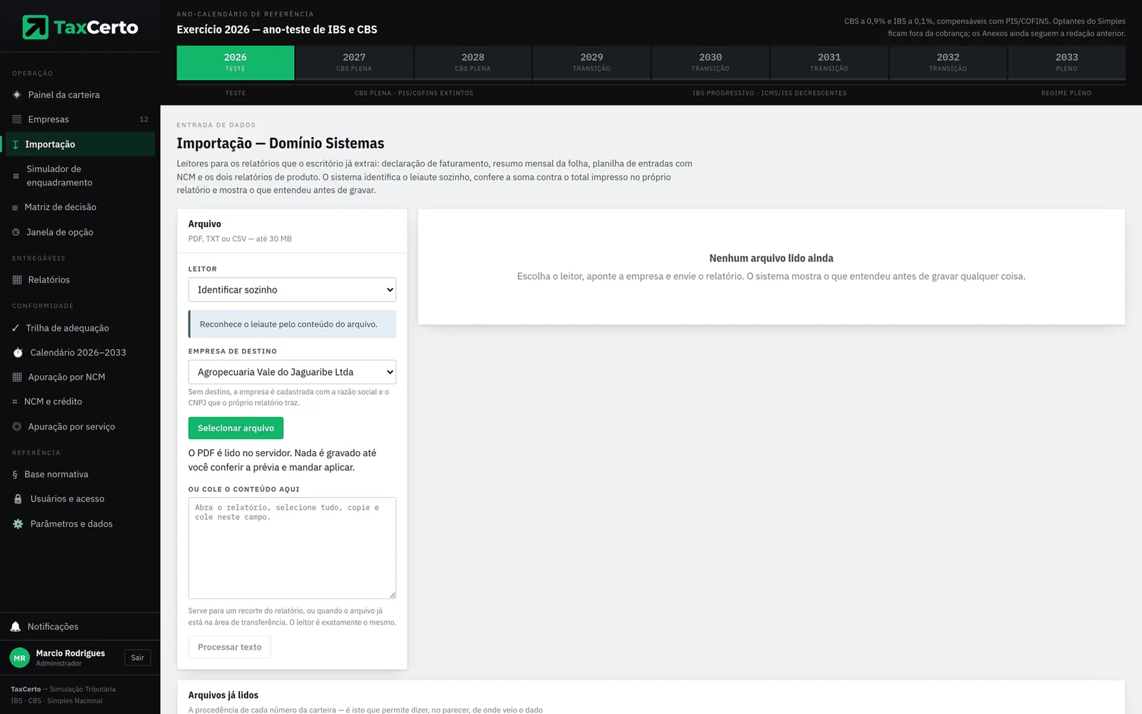 Tela de importação dos relatórios do Domínio Sistemas, com escolha do leitor e da empresa de destino